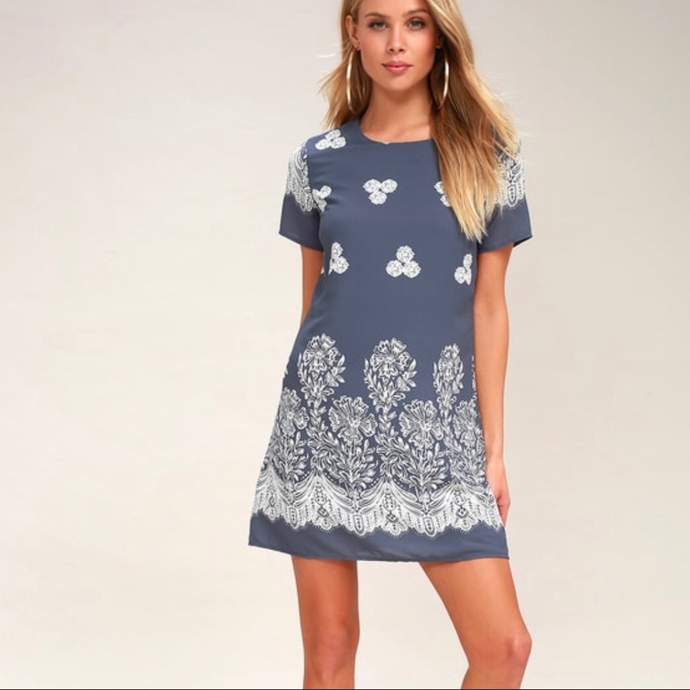 LuLus Riverside Blue Floral Print Shift Dress Sz L